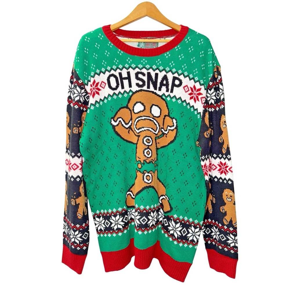 NEW‎ Ugly Christmas Sweater Pullover Mens XXL Sweater Green Oh Snap Gingerbread